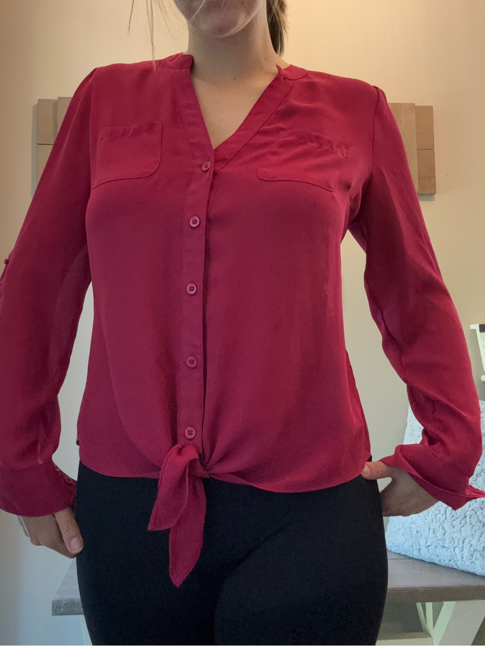 Candie's Magenta Tie-Front Button Blouse